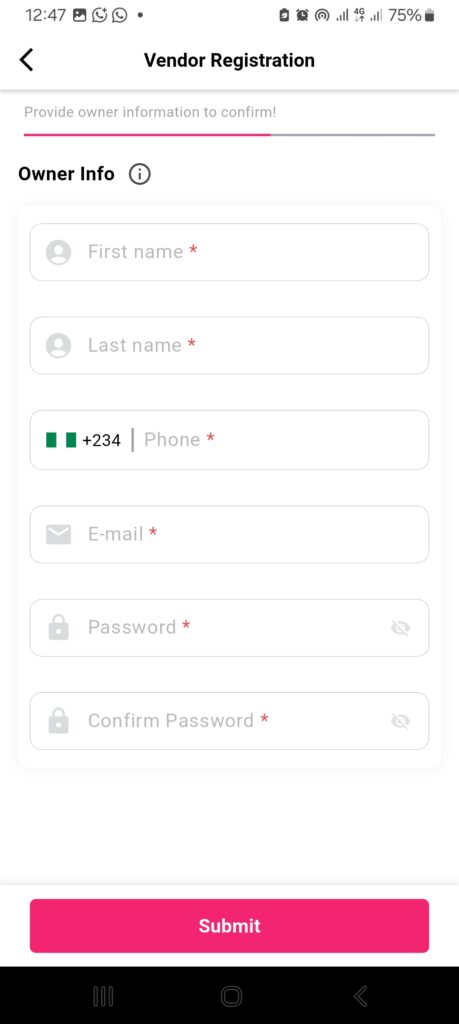 Screenshot showing the account creation form and vendor details required on the 2Snappy Store app