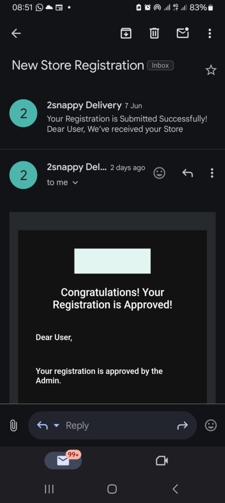 Screenshot showing the welcome message and account under review notification on the 2Snappy Store app