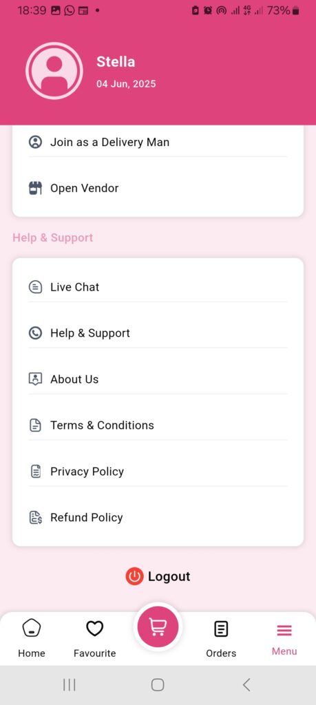 Screenshot showing where to contact support as a customer on the 2Snappy app