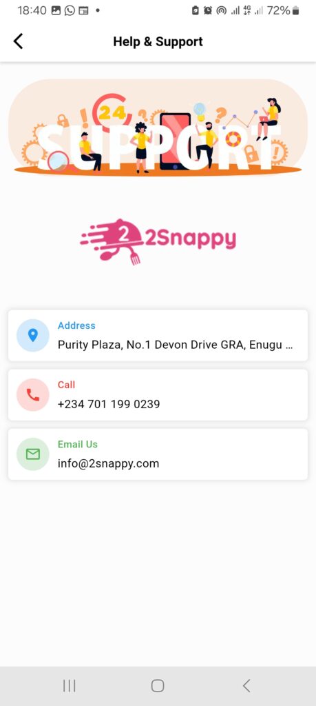 Screenshot showing other support options, including physical address, phone number, and email address on the 2Snappy customer app