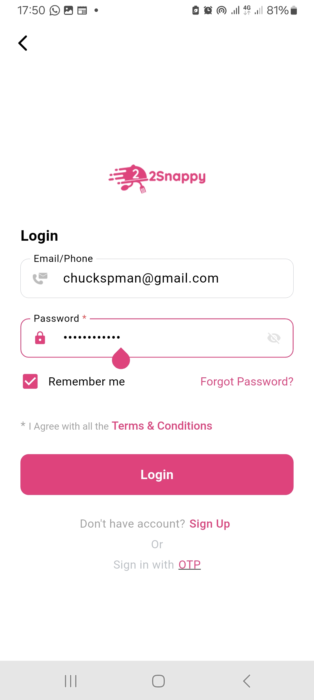 A screenshot of the login page of 2Snappy customer app with details on it.