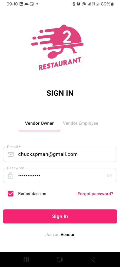 Screenshot showing the login screen of the 2Snappy Store (vendor) app