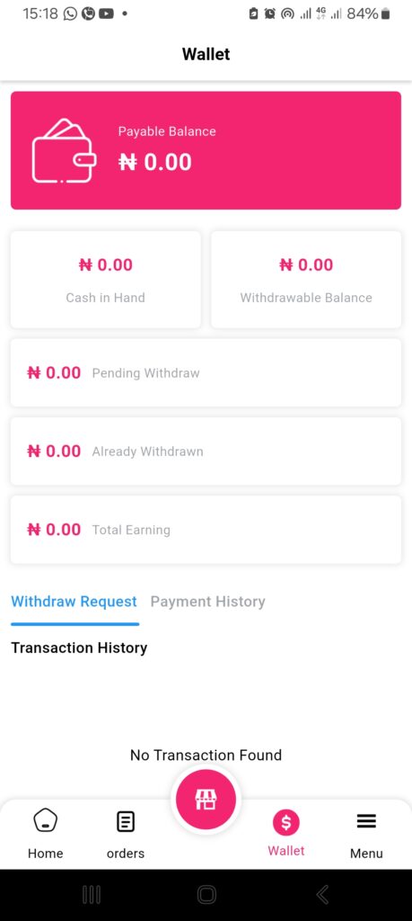 Screenshot showing the Wallet section in the 2Snappy Store vendor app where vendors can track earnings and transactions