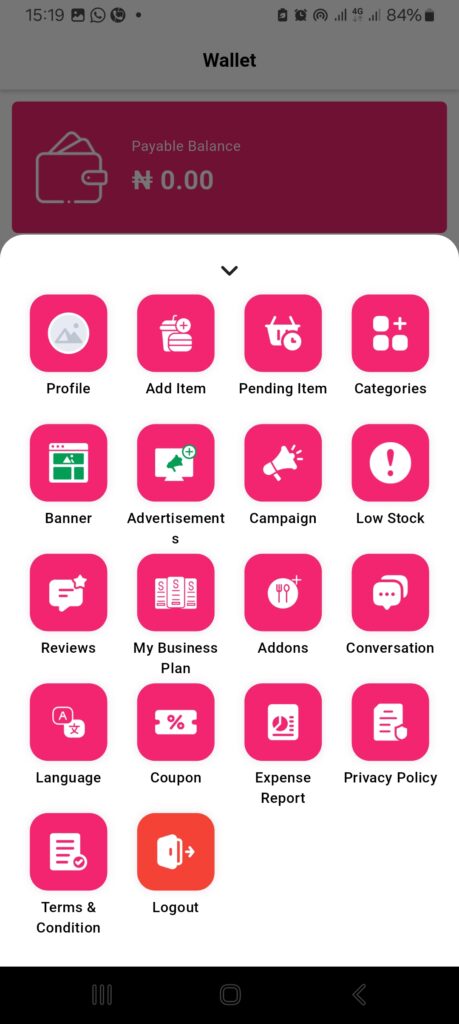 Screenshot showing the Menu section in the 2Snappy Store vendor app where vendors can add or manage food items