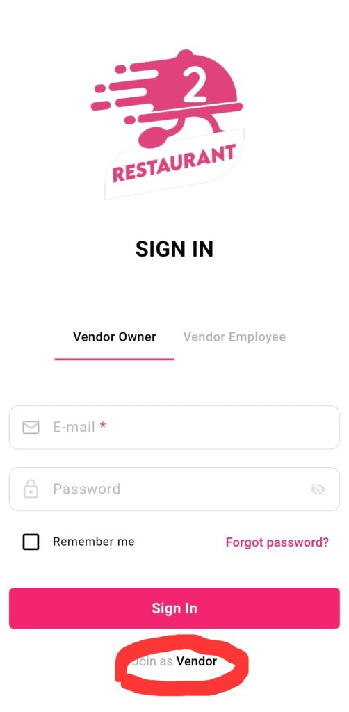 2Snappy Restaurant App Vendor Registration Screen