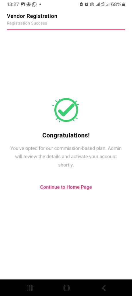 2Snappy Restaurant App Vendor Registration Success Screen