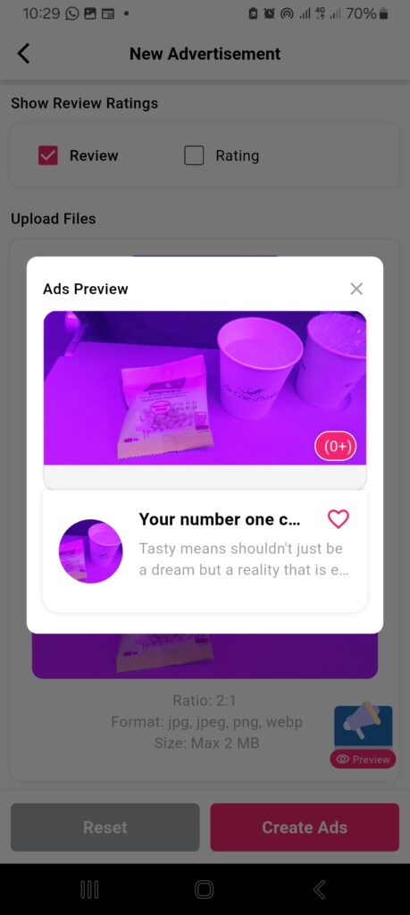 Screenshot showing the Advertisement section in the 2Snappy Store vendor app where vendors can create and manage ads