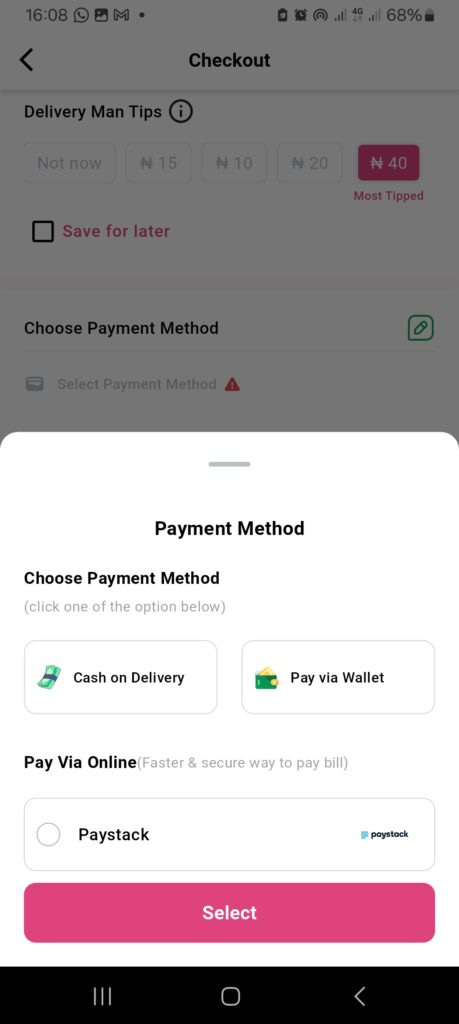 A screenshot showing the accepted payment methods on the 2Snappy customer app