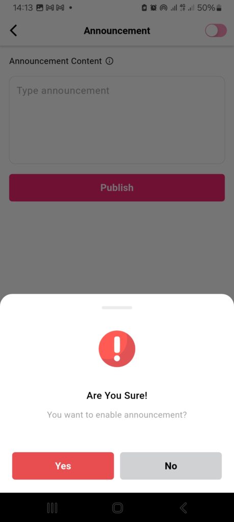 Screenshot showing the Announcement section in the 2Snappy Store vendor app where vendors post updates to customers