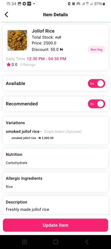 Screenshot showing a restaurant’s available menu items in the 2Snappy Store vendor app