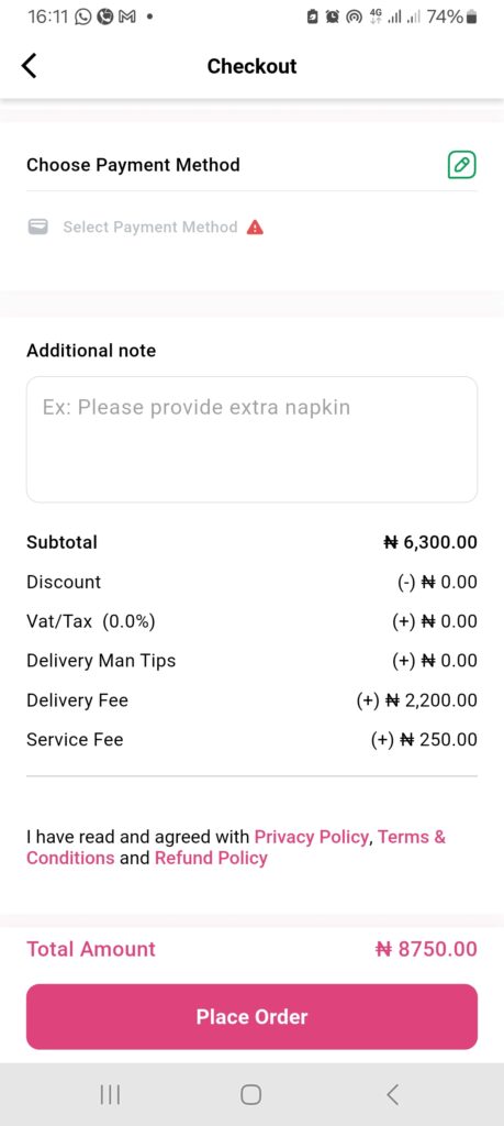 Screenshot showing the cost breakdown of a purchase and the charges applied to help understand delivery fees and service charges